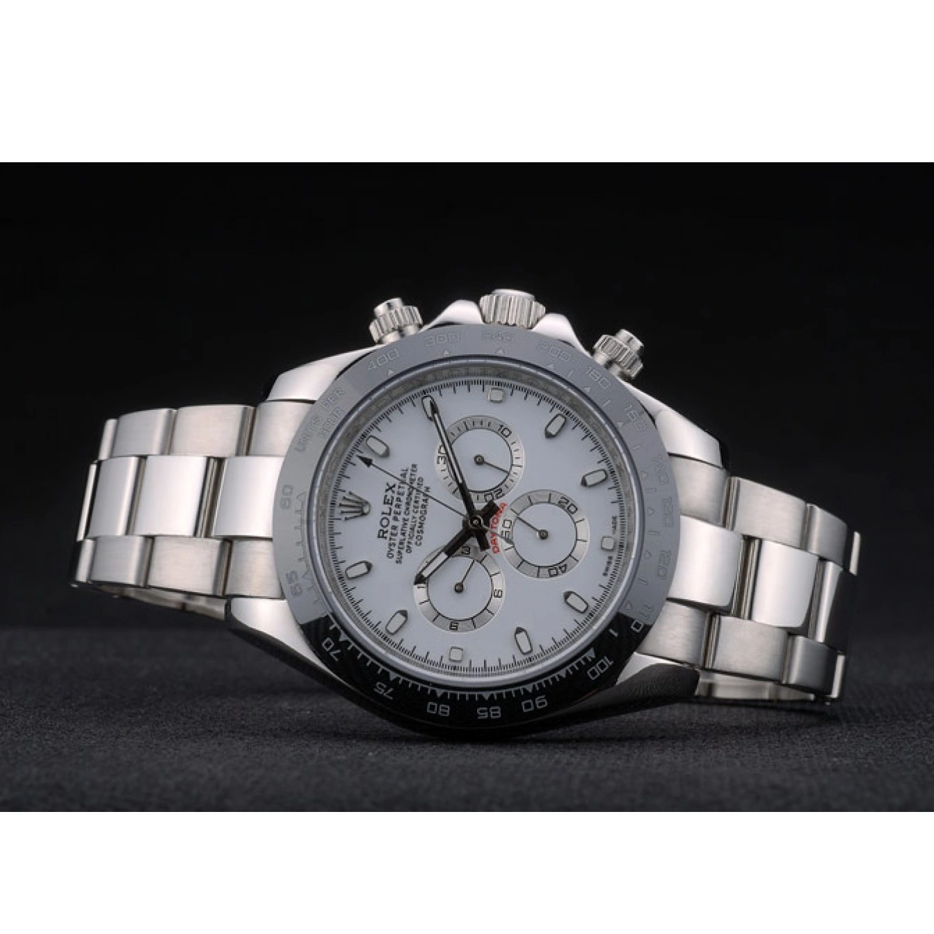 AAA replica watch Rolex 80249 Steep White Daytona Tachymeter Ceramic Stainless Black Dial Strap 0615